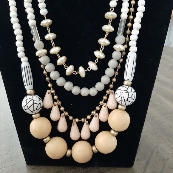 Plunder Layered Multi-Strand Beaded Necklace Gold White Silver Geometric beads - Picture 2 of 4